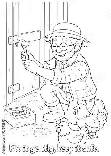 coloring book grandfather fixing the coop door with careful tools