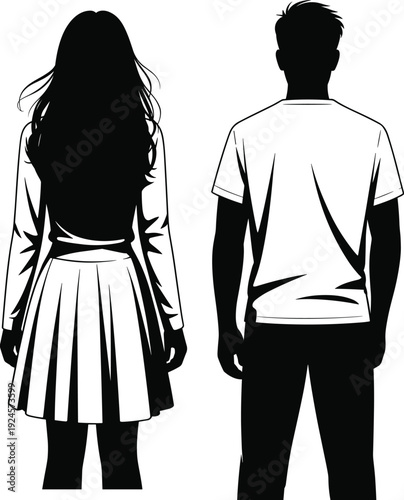 Black and white silhouette of teenage boy and girl standing from back view isolated on white background, minimal vector illustration concept
