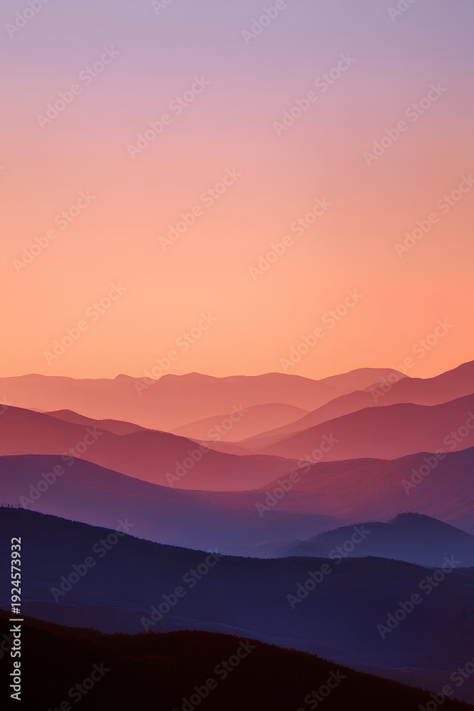 Fototapeta premium Layered Mountain Silhouettes at Sunset with Warm Orange Pink Gradient Sky Panoramic Serene Landscape