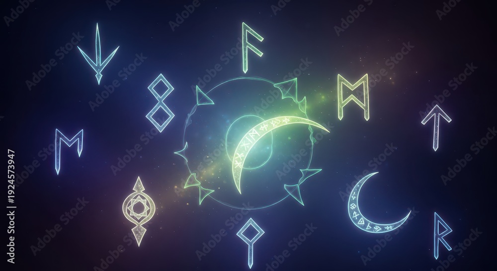 Fototapeta premium Mystical glowing esoteric symbols and celestial shapes hover over a dark cosmic background