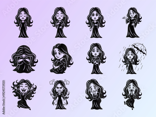 Gothic Girl Cartoon Character: Emotional Expression Vector Set for Diverse Moods