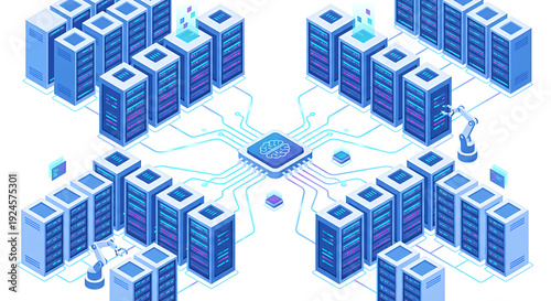 Isometric illustration of a massive data center with AI processor chip and server racks for neural network and supercomputing