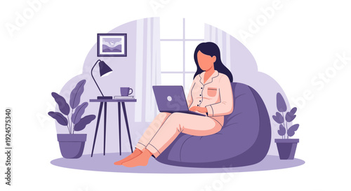 Woman Working Remotely at Home in Pajamas on Laptop. Cozy WFH Lifestyle, Online Learning, Freelance, and Digital Nomad Concept Illustration.