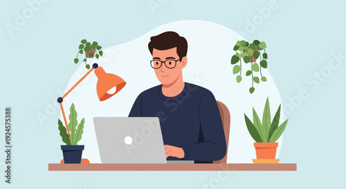 Young Man Working on Laptop at Home Office Desk with Plants and Lamp - Flat Vector Illustration of Remote Work and Productivity