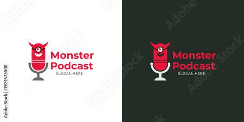 Whimsical red monster with horns and glasses integrated into a microphone, creating a unique and playful logo concept for podcasting, audio broadcasting, and digital media content