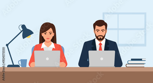 Business Professionals Working on Laptops at Desks - Office Productivity & Teamwork Illustration