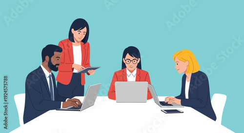 Diverse Business Team Collaborating in Modern Office with Laptops and Tablet - Teamwork & Productivity Illustration