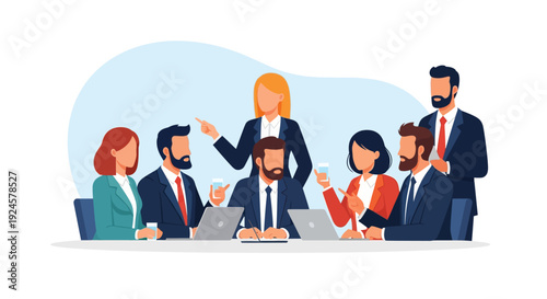 Diverse Business Professionals Team Meeting. Strategy, Collaboration, and Leadership Discussion. Modern Flat Illustration.