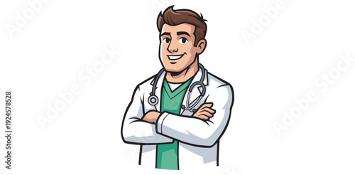 Cheerful male doctor medical professional healthcare physician white coat stethoscope green V neck confident friendly