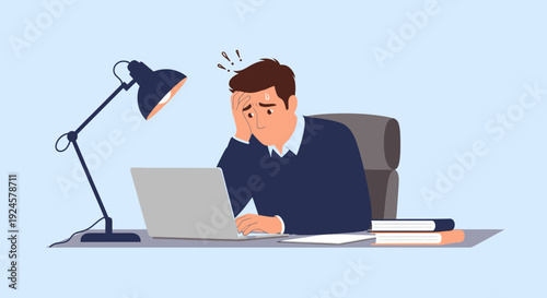 Stressed Man Working on Laptop. Overwhelmed Professional Suffers from Burnout, Mental Exhaustion, and Work Pressure.