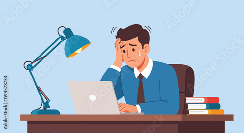 Stressed Businessman Overwhelmed by Work Pressure at Laptop, Experiencing Burnout and Headache at Office Desk