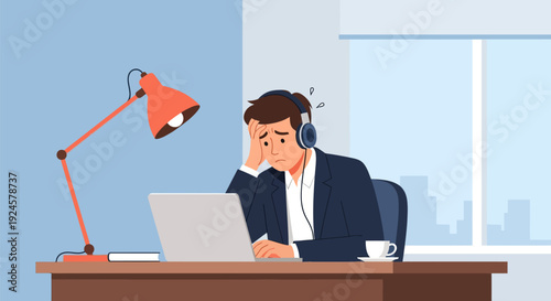 Frustrated Businessman in Headphones Working at Laptop, Experiencing Stress and Burnout in Office