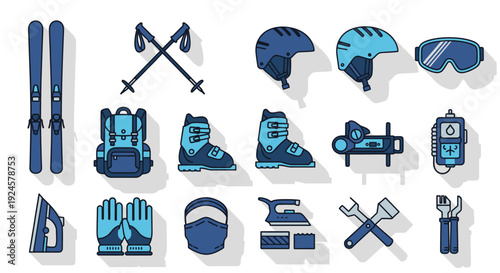 A comprehensive collection of flat design ski and snowboard equipment and maintenance tools, including skis, poles, boots, helmets, goggles, and waxing supplies.