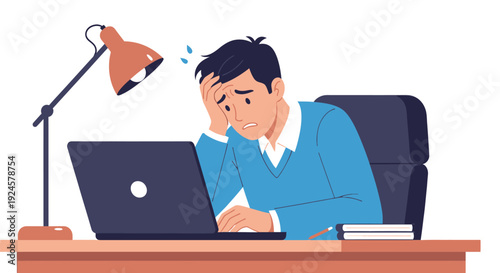 Overworked and Stressed Man at Computer Desk. Frustrated Employee Experiencing Burnout, Anxiety, and Workplace Pressure.