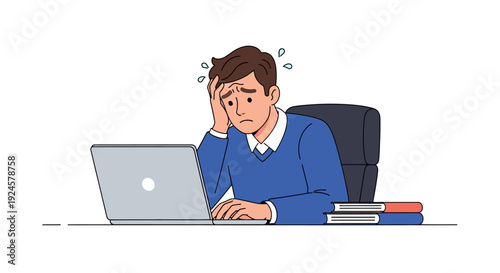 Overwhelmed Young Man Stressed at Desk with Laptop - Burnout, Anxiety, and Mental Health Pressure from Work or Study Demands