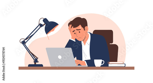 Overwhelmed Worker Experiencing Burnout and Stress at Desk with Laptop