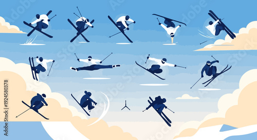 A collection of stylized illustrations depicting various skiers performing jumps and tricks in a dynamic winter sports scene.