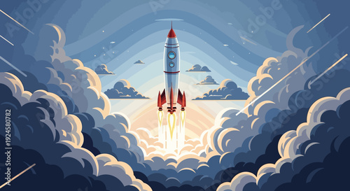 A stylized illustration of a rocket launching into a cloudy sky, with powerful flames propelling it upwards through a dramatic cloudscape.