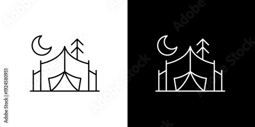Abstract outline illustration of a campsite tent under the moon with trees, isolated on white and black backgrounds