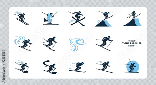 A collection of stylized vector icons illustrating various skiing activities, poses, and movements on slopes and jumps.