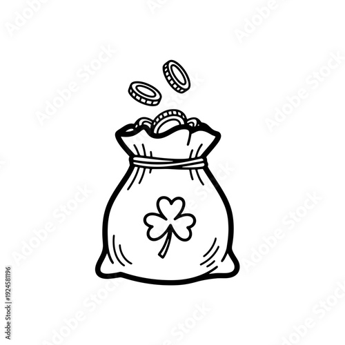 Money Bag with Shamrock Coins Spilling.