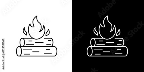 Minimalist campfire icon set featuring burning logs and vibrant flames, perfect for outdoor adventure and camping designs, presented in both light and dark modes