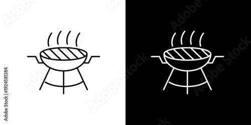 Simple outline icon illustration of a barbecue grill with smoke rising