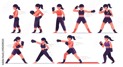 Collection of cartoon women demonstrating various boxing and martial arts poses and exercises in a flat vector style.