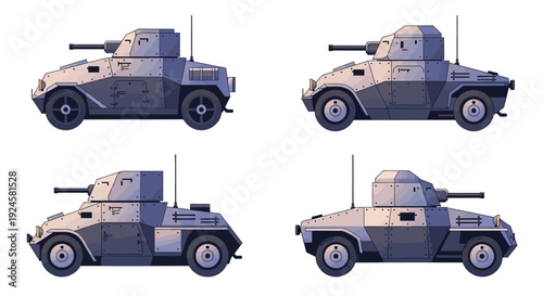Four pixel art military armored cars with turrets and cannons, depicted in a side view against a white background.