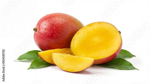 Fresh apples with leaves alongside mango and orange fruits isolated on a white background