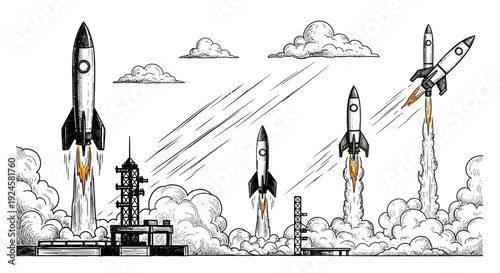 Hand-drawn illustration of multiple rockets launching into space with smoke and clouds, depicting various stages of liftoff and flight.