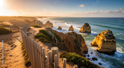 Wallpaper Mural Rustic barrier along a coastal trail overlooking the ocean Torontodigital.ca
