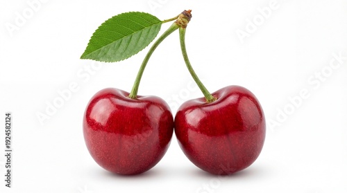 Two ripe cherries isolated on white background with green stems and leaves
