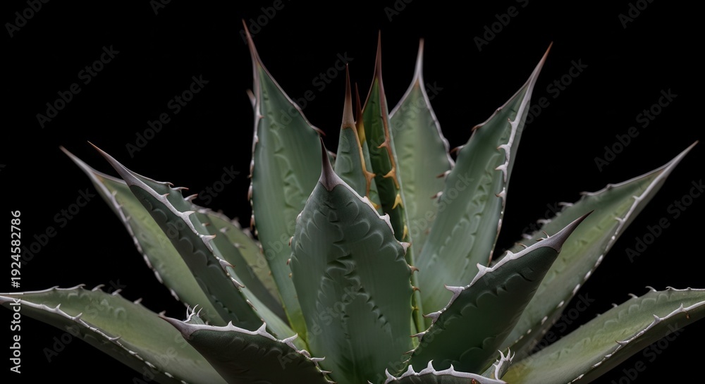 Fototapeta premium Succulent rosette plant displays sharp spines against a dark background