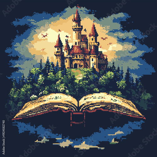 A color illustration of a fairy-tale castle that has come to life from a book that flies over a forest in the style of pixel art