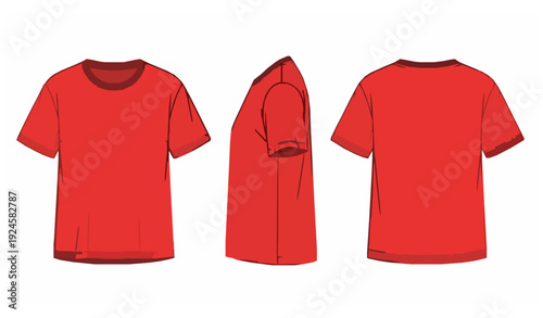 Red Crew Neck T Shirt Technical Fashion Flat CAD Template Front Side and Back View Unisex Vector Mockup Isolated on White