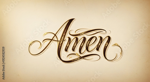 Elegant handwritten calligraphy of the word Amen with gold floral ornaments on a vintage paper