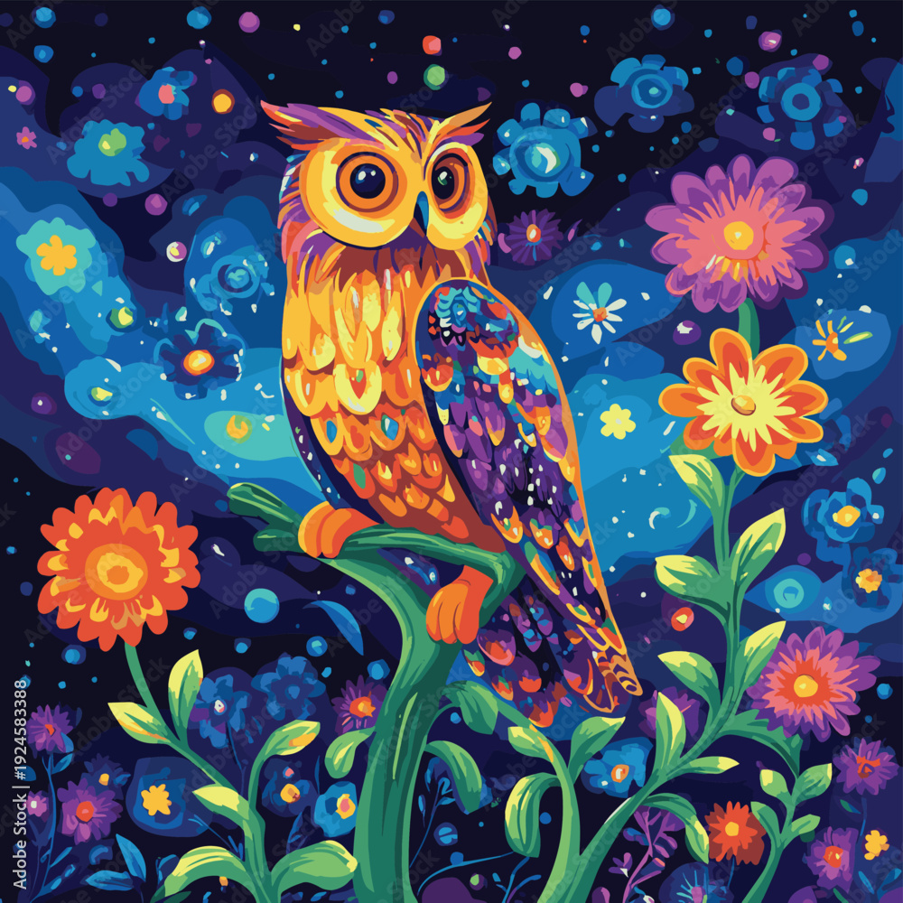Obraz premium A bright multicolored illustration of an owl sitting on a flowering tree against the background of the northern lights