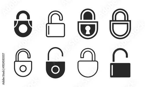 Padlock icon set showing locked and unlocked security symbols in black and white, minimal outline and solid vector style featuring lock, secure, protection with privacy and cybersecurity elements