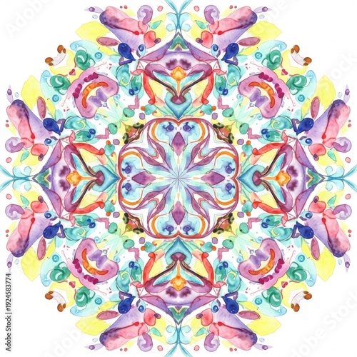 Intricate Watercolor Mandala: A vibrant watercolor mandala bursts with an array of colors and intricate patterns. The artwork embodies a sense of spiritual exploration and inner peace.
