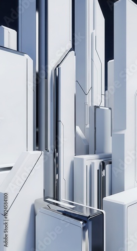 Abstract composition features towering geometric structures rendered in stark white and polished metal accents