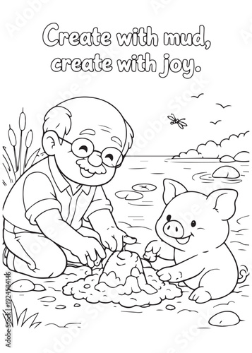 coloring book grandpa playing in the mud with a joyful pig, creating messy fun and shared laughter