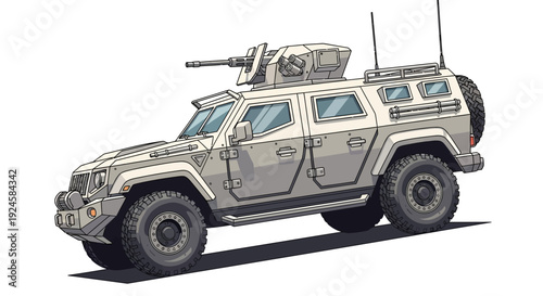 Detailed illustration of a modern light armored military vehicle with a mounted weapon system on a white background.