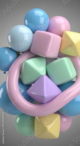 Assortment of smooth, pastel colored geometric shapes forming a vibrant cluster against a muted background.