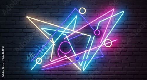 Intricate abstract geometric shapes glow with vibrant neon light against a dark brick wall background