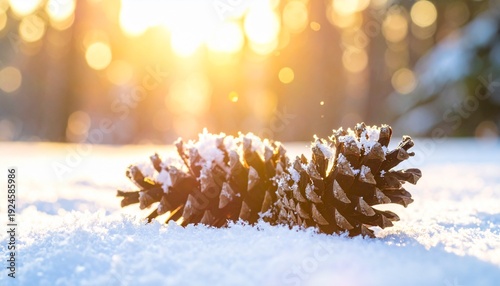 A frost-covered Christmas pine tree stands in a cold winter forest landscape under a blue sky, decorated by nature with ice and white snowflakes for the holiday season