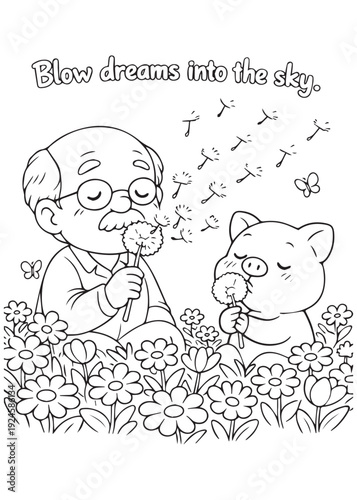 coloring book grandpa blowing dandelion seeds with a pig, sending little dreams into the sky