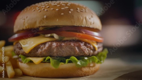 Juicy Gourmet Beef Cheeseburger with Crispy French Fries on Wooden Table. A close-up cinematic shot of a fresh gourmet cheeseburger.