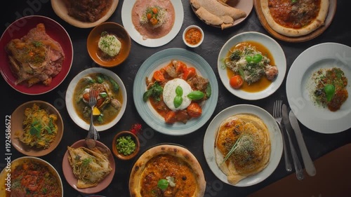 Various Italian food dishes on the table with the camera angle from above