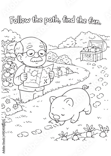 coloring book grandpa following a winding path with his pig, discovering nature and small joys